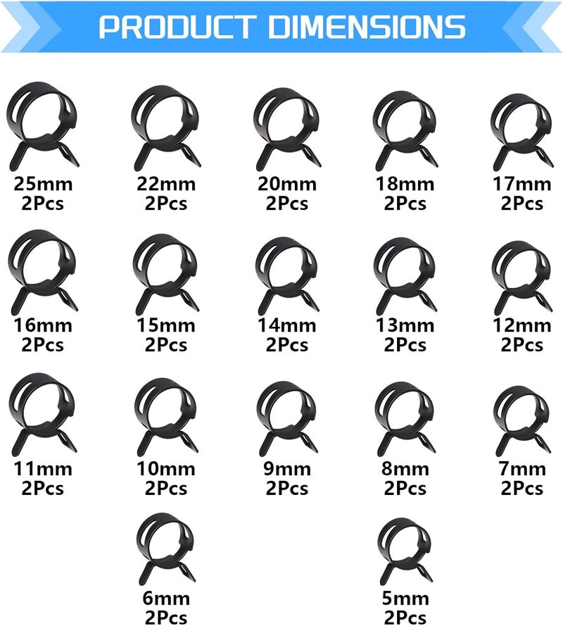 JTAREA 17Sizes Spring Band Hose Clamps Assortment Kit 5mm 6mm 7mm 8mm 9mm 10mm 11mm 12mm 13mm 14mm 15mm 16mm 17mm 18mm 20mm 22mm 25mm Hose Clamp Clips Abrazaderas - Image 2